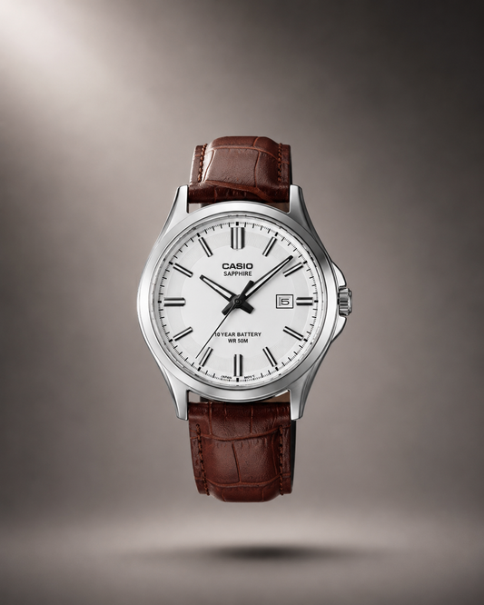Reloj Casio Sapphire Hombre — Cristal Zafiro · Batería 10 Años · WR 50M · Correa Cuero